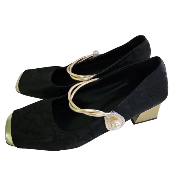 Jaquard Satin Gold Block Heel Cap Toe Pearl Detail Maryjane Shoes Size 40/9.5 - Picture 3 of 10